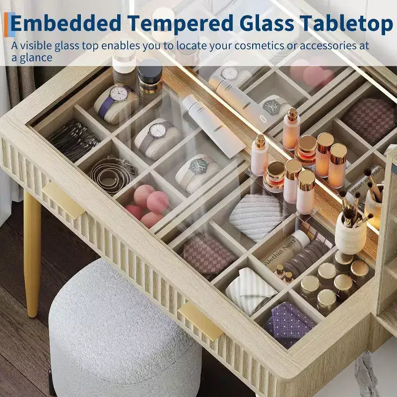 Schminktisch mit Spiegel und Beleuchtung, Make-up-Tisch mit 3-farbigem LED, 5 Schubladen, 3 Ablagen, Steckdose, für Schlafzimmer, Eiche
