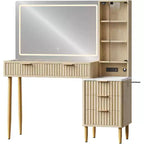 Schminktisch mit Spiegel und Beleuchtung, Make-up-Tisch mit 3-farbigem LED, 5 Schubladen, 3 Ablagen, Steckdose, für Schlafzimmer, Eiche