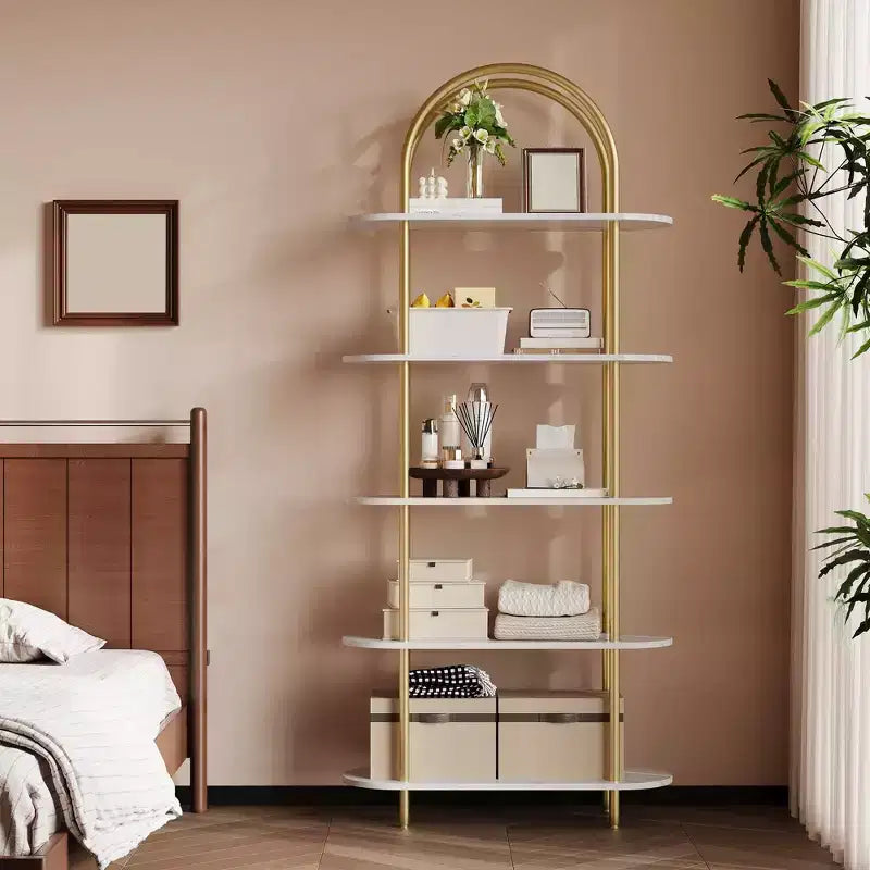 5-stöckiges Bücherregal, 71 Zoll großes Bücherregal mit Bogen, Metallrahmen, freistehendes Ausstellungsregal, für Schlafzimmer, Wohnzimmer, Gold & Weiß