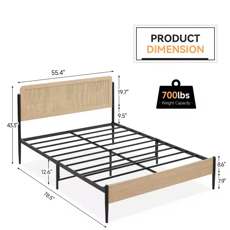 Queen-Bettgestell mit Rattan-Kopfteil – Boho-Plattformbett mit Stauraum unter dem Bett, kein Boxspringbett erforderlich