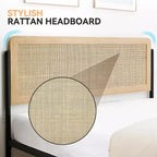 Queen-Bettgestell mit Rattan-Kopfteil – Boho-Plattformbett mit Stauraum unter dem Bett, kein Boxspringbett erforderlich