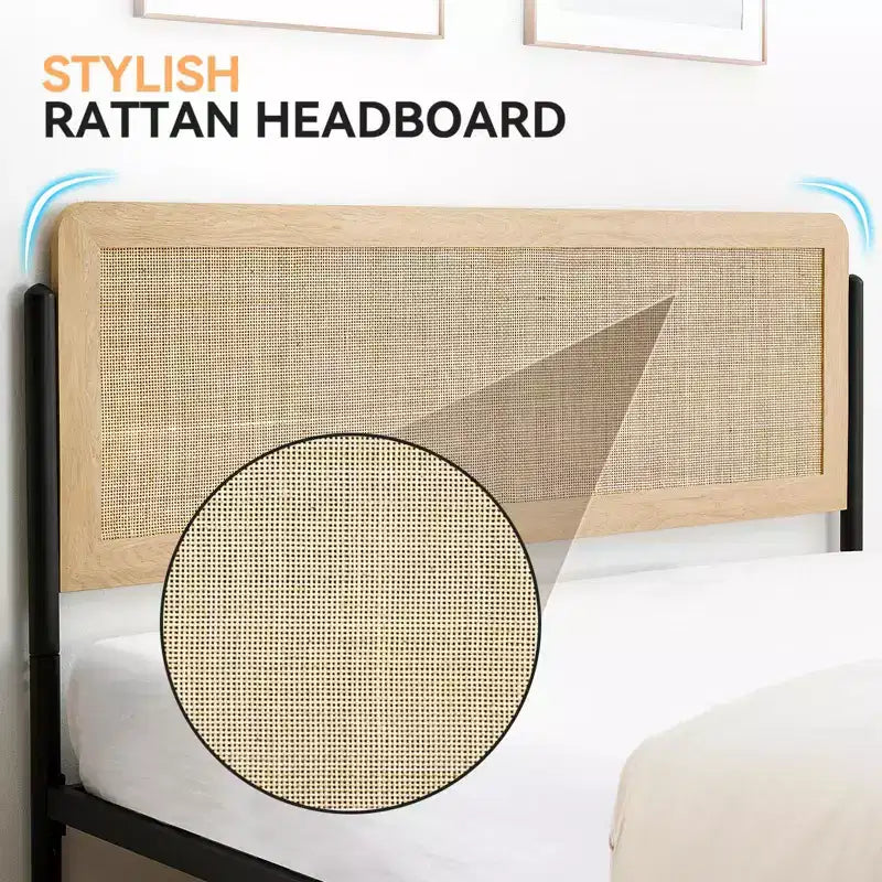 Queen-Bettgestell mit Rattan-Kopfteil – Boho-Plattformbett mit Stauraum unter dem Bett, kein Boxspringbett erforderlich