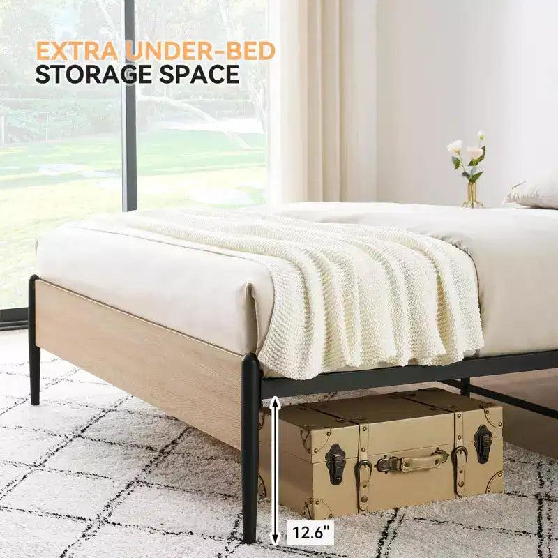 Queen-Bettgestell mit Rattan-Kopfteil – Boho-Plattformbett mit Stauraum unter dem Bett, kein Boxspringbett erforderlich