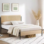 Queen-Bettgestell mit Rattan-Kopfteil – Boho-Plattformbett mit Stauraum unter dem Bett, kein Boxspringbett erforderlich