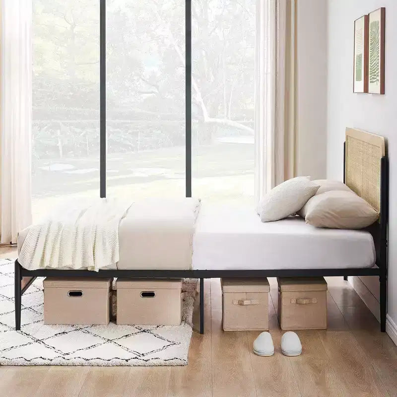 Queen-Bettgestell mit Rattan-Kopfteil – Boho-Plattformbett mit Stauraum unter dem Bett, kein Boxspringbett erforderlich