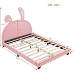 Gepolsterter Plattform-Bettrahmen in voller Größe mit Ohren-Kopfteil, Kaninchen-Akzent für Kinder, Lattenrost, Rosa