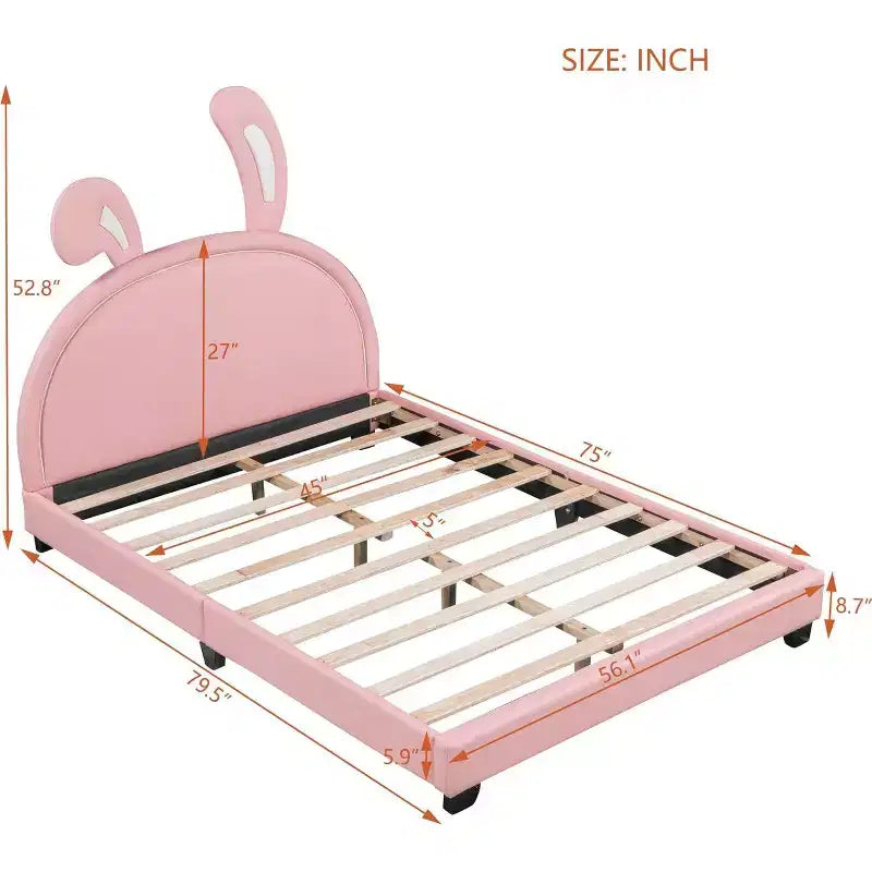 Gepolsterter Plattform-Bettrahmen in voller Größe mit Ohren-Kopfteil, Kaninchen-Akzent für Kinder, Lattenrost, Rosa
