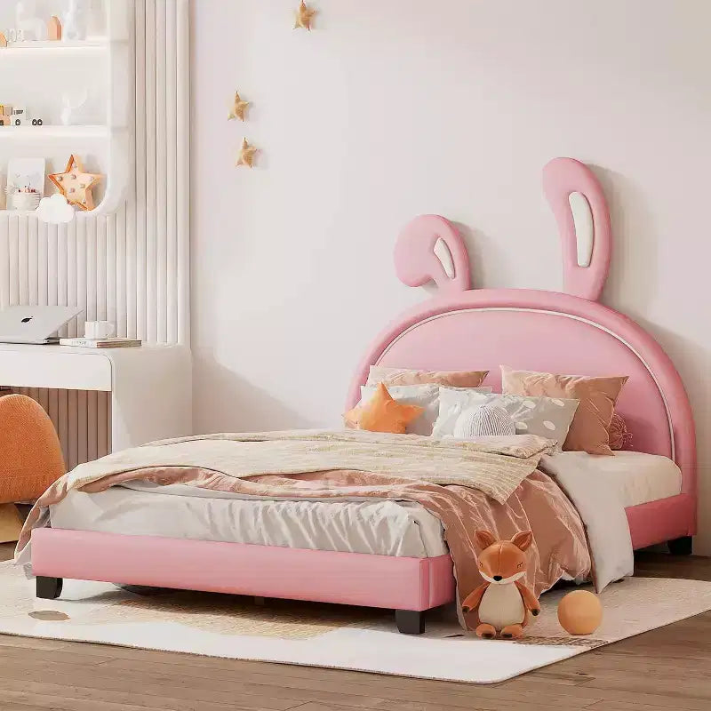 Gepolsterter Plattform-Bettrahmen in voller Größe mit Ohren-Kopfteil, Kaninchen-Akzent für Kinder, Lattenrost, Rosa