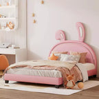 Gepolsterter Plattform-Bettrahmen in voller Größe mit Ohren-Kopfteil, Kaninchen-Akzent für Kinder, Lattenrost, Rosa
