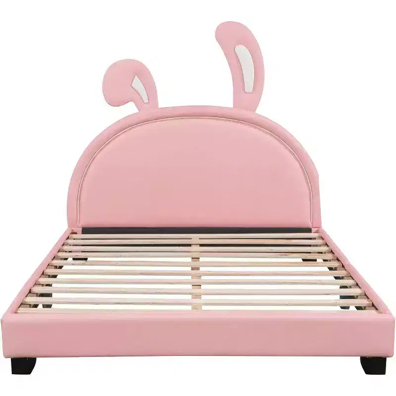 Gepolsterter Plattform-Bettrahmen in voller Größe mit Ohren-Kopfteil, Kaninchen-Akzent für Kinder, Lattenrost, Rosa