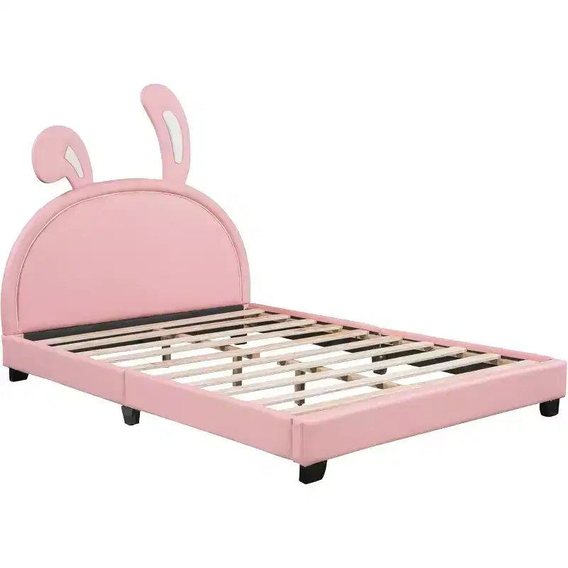 Gepolsterter Plattform-Bettrahmen in voller Größe mit Ohren-Kopfteil, Kaninchen-Akzent für Kinder, Lattenrost, Rosa