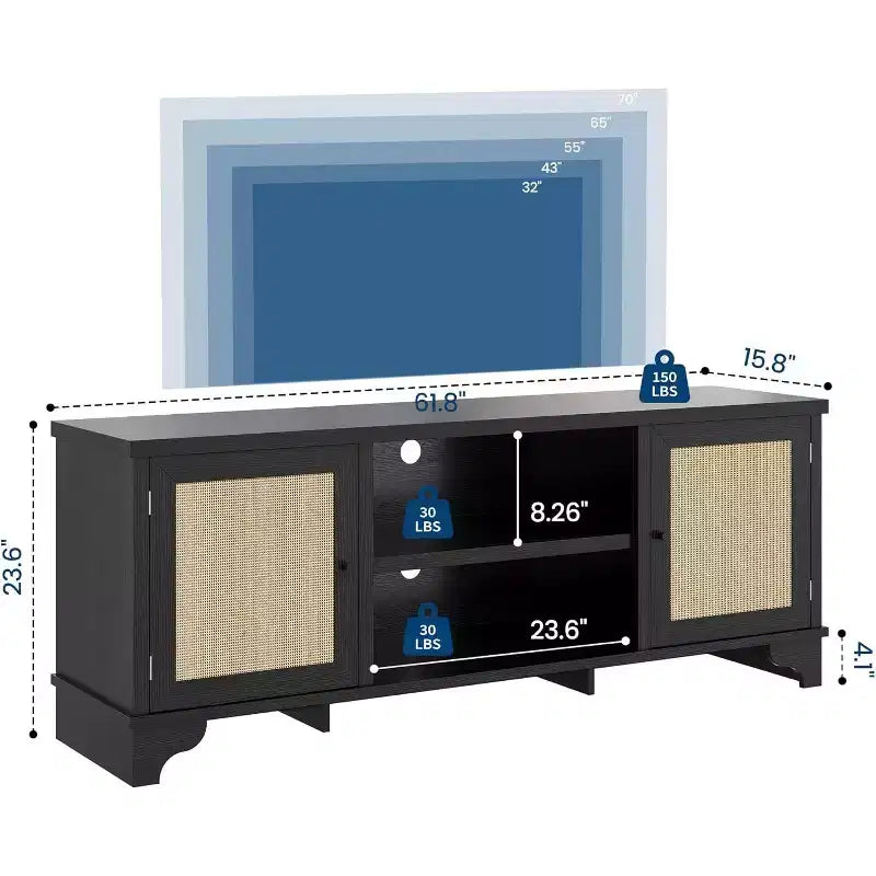 TV-Bank aus Rattan, passend für Fernseher bis 70 Zoll, Entertainment-Center mit 2 Schränken und offenen Regalen, Medienkonsole aus Holz für das Wohnzimmer