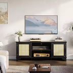TV-Bank aus Rattan, passend für Fernseher bis 70 Zoll, Entertainment-Center mit 2 Schränken und offenen Regalen, Medienkonsole aus Holz für das Wohnzimmer