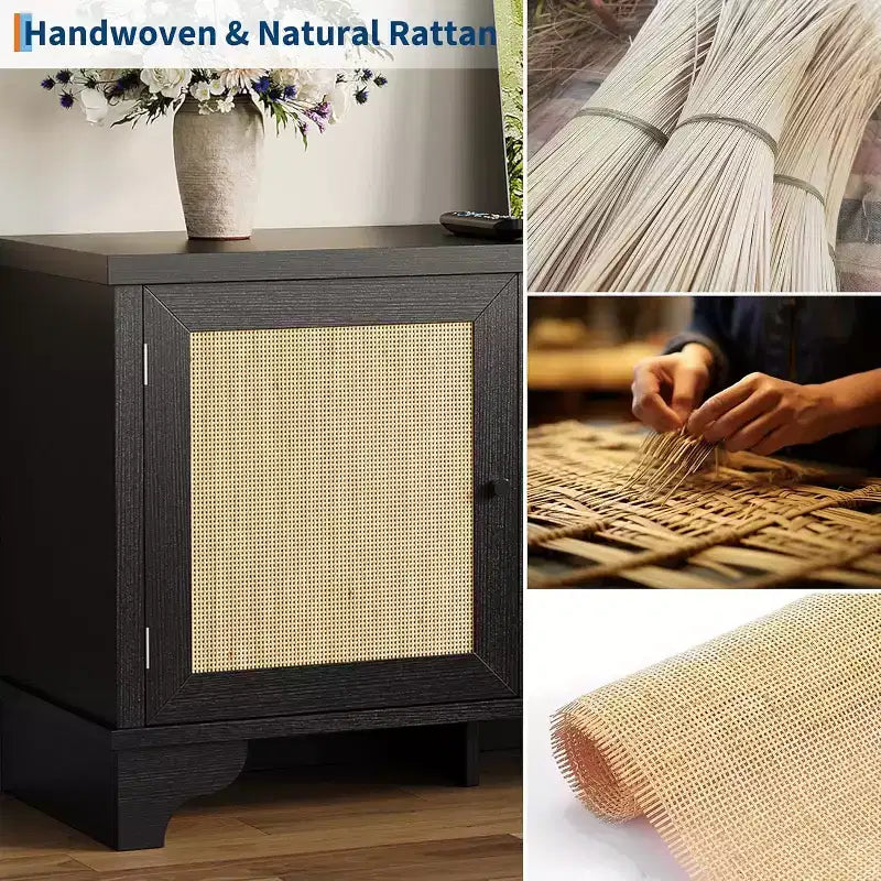 TV-Bank aus Rattan, passend für Fernseher bis 70 Zoll, Entertainment-Center mit 2 Schränken und offenen Regalen, Medienkonsole aus Holz für das Wohnzimmer