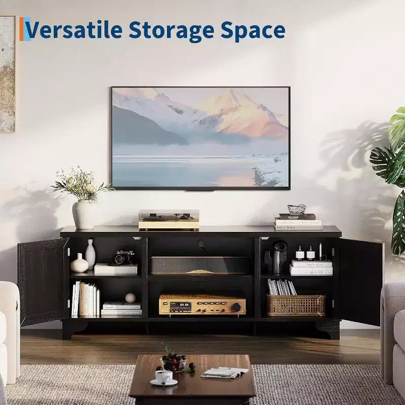TV-Bank aus Rattan, passend für Fernseher bis 70 Zoll, Entertainment-Center mit 2 Schränken und offenen Regalen, Medienkonsole aus Holz für das Wohnzimmer