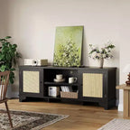 TV-Bank aus Rattan, passend für Fernseher bis 70 Zoll, Entertainment-Center mit 2 Schränken und offenen Regalen, Medienkonsole aus Holz für das Wohnzimmer