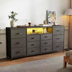 GustoWave 12-Drawer Fabric Dresser, Skinny Chest of Drawers with Charging Station, Led Lights & Metal Frame, Modern Cloth Storage Organizer