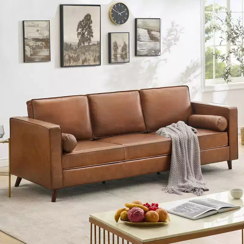 80 Ledersofa, Mid-Century Modern Tiefsitzer Couch 3-Sitzer Sofa für Wohnzimmer