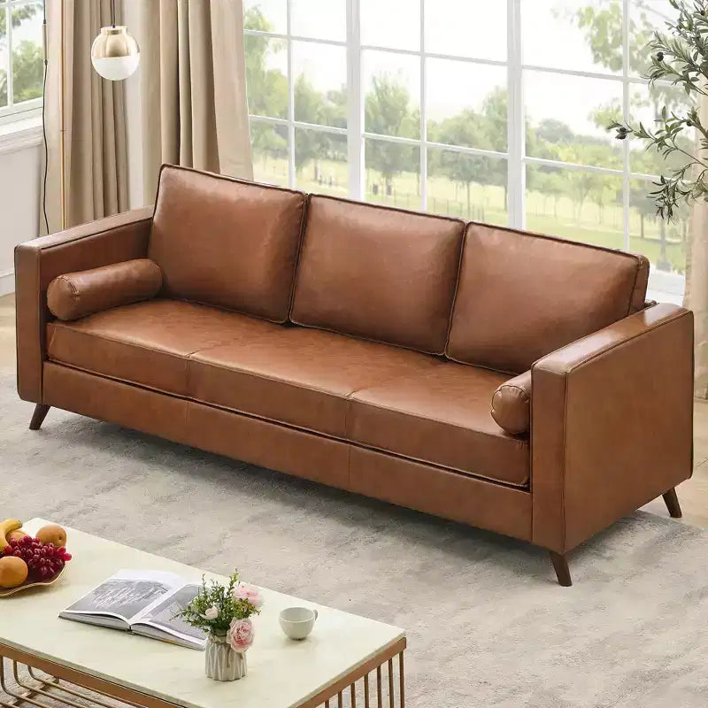 80 Ledersofa, Mid-Century Modern Tiefsitzer Couch 3-Sitzer Sofa für Wohnzimmer