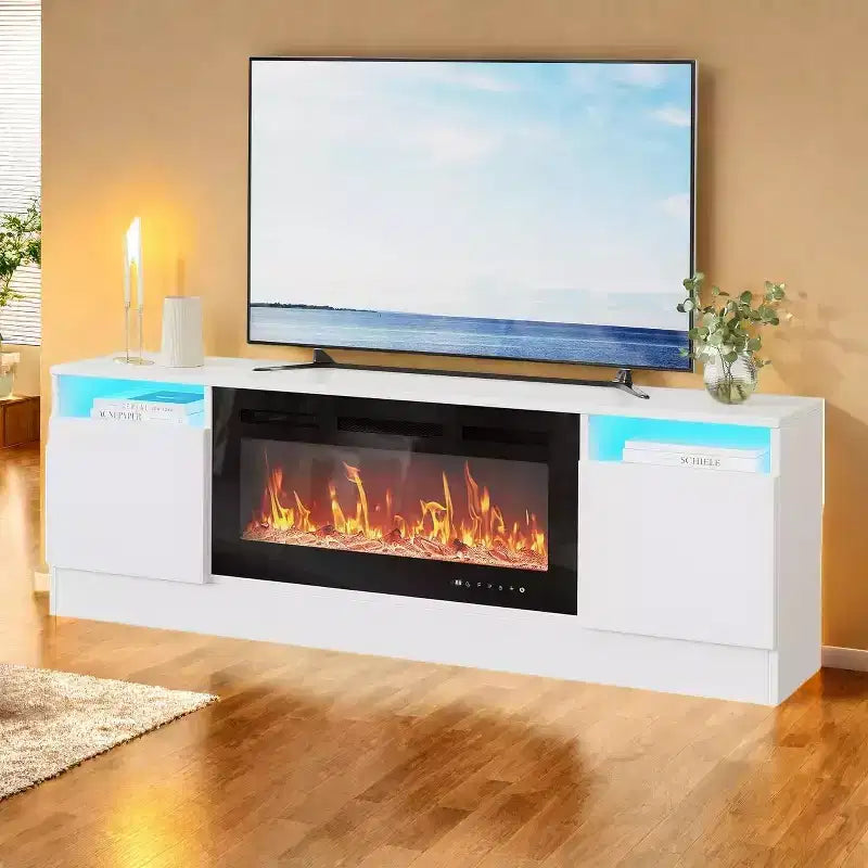 Modernes Unterhaltungszentrum mit Aufbewahrungsschrank für bis zu 75 Zoll TV, Schwarzer Moderner TV-Ständer für Wohnzimmer (Kamin nicht enthalten)