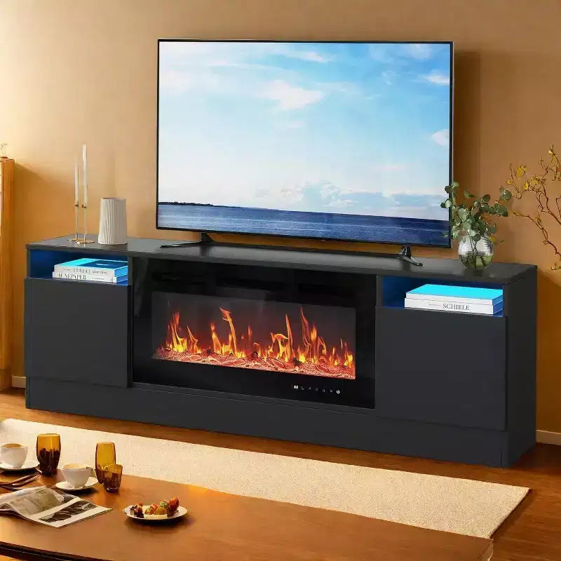 Modernes Unterhaltungszentrum mit Aufbewahrungsschrank für bis zu 75 Zoll TV, Schwarzer Moderner TV-Ständer für Wohnzimmer (Kamin nicht enthalten)
