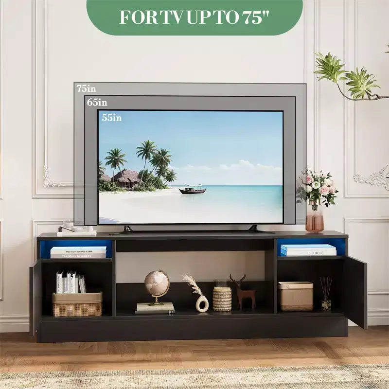 Modernes Unterhaltungszentrum mit Aufbewahrungsschrank für bis zu 75 Zoll TV, Schwarzer Moderner TV-Ständer für Wohnzimmer (Kamin nicht enthalten)