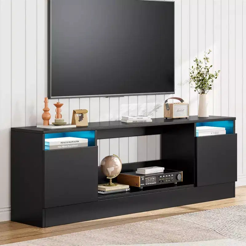 Modernes Unterhaltungszentrum mit Aufbewahrungsschrank für bis zu 75 Zoll TV, Schwarzer Moderner TV-Ständer für Wohnzimmer (Kamin nicht enthalten)