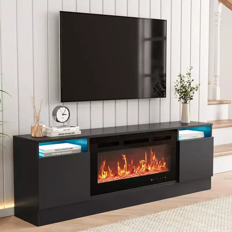 Modernes Unterhaltungszentrum mit Aufbewahrungsschrank für bis zu 75 Zoll TV, Schwarzer Moderner TV-Ständer für Wohnzimmer (Kamin nicht enthalten)