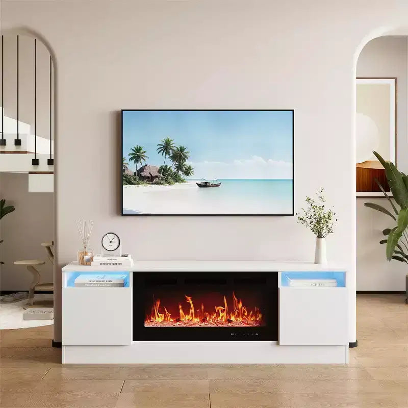 Modernes Unterhaltungszentrum mit Aufbewahrungsschrank für bis zu 75 Zoll TV, Schwarzer Moderner TV-Ständer für Wohnzimmer (Kamin nicht enthalten)