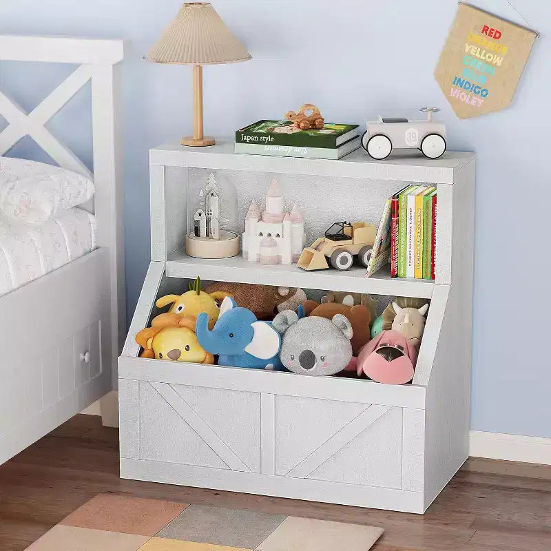 Kinderbücherregal und Spielzeugaufbewahrung, 2-stufiger Organizer mit Unterschrank, Kleinkinder-Bücherregal für Schlafzimmer, Spielzimmer, Klassenzimmer, Vintage Weiß