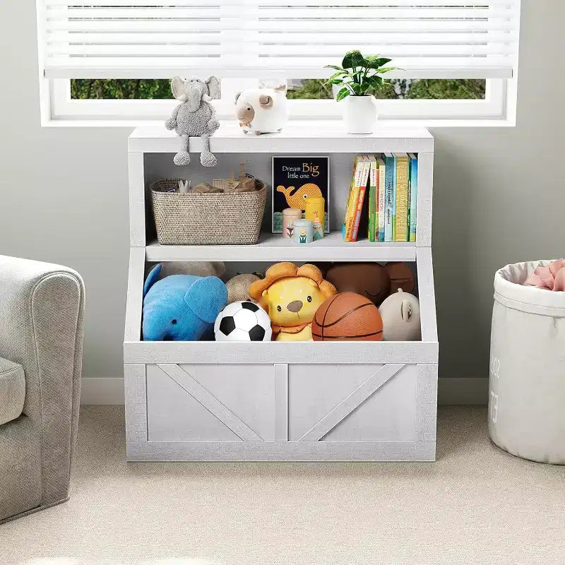 Kinderbücherregal und Spielzeugaufbewahrung, 2-stufiger Organizer mit Unterschrank, Kleinkinder-Bücherregal für Schlafzimmer, Spielzimmer, Klassenzimmer, Vintage Weiß