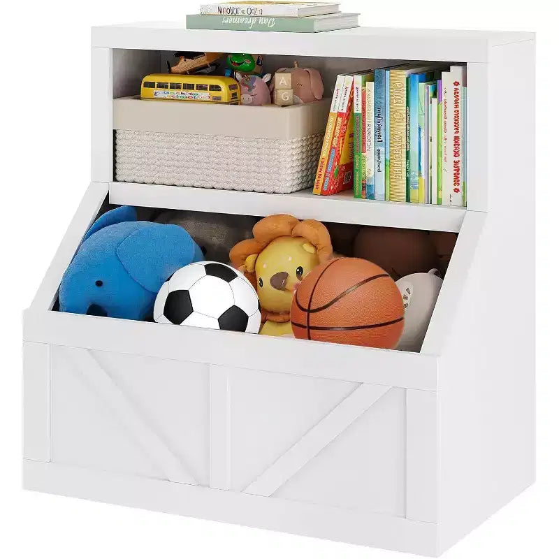 Kinderbücherregal und Spielzeugaufbewahrung, 2-stufiger Organizer mit Unterschrank, Kleinkinder-Bücherregal für Schlafzimmer, Spielzimmer, Klassenzimmer, Vintage Weiß