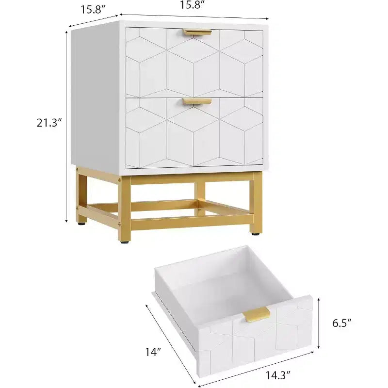 Nachttisch mit 2 Schubladen, moderner Beistelltisch mit goldenen Metallbeinen, Nachttischaufbewahrung für Schlafzimmer, Flur oder Eingangsbereich