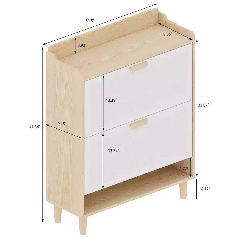 Nordischer Schuhschrank mit 2 Klappfächern, freistehender Organizer mit Massivholzbeinen für den Eingangsbereich, Weiß und Massivholz