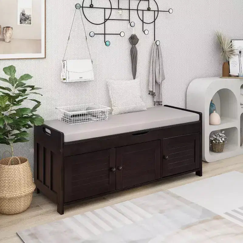 Waschbare Schuhaufbewahrungsbank mit abnehmbarem Kissen, 3 Rollläden, robusten Holzbeinen, verstecktem oberen Stauraum für Eingangsbereich & Schlafzimmer