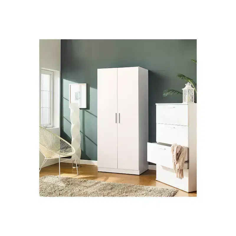 Moderner Holzschrank mit Kleiderstangen und fünf Regalböden in Weiß