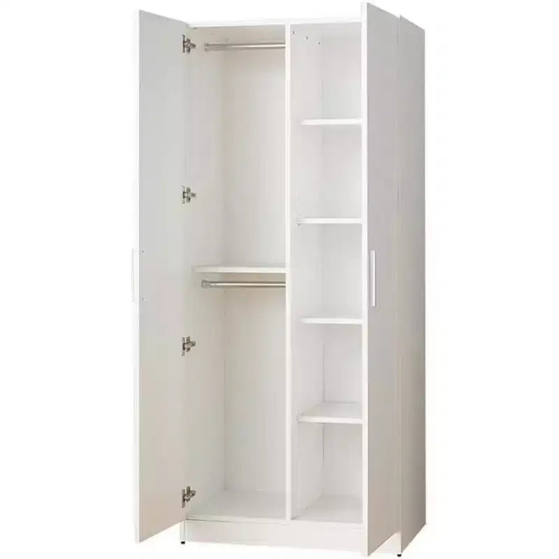 Moderner Holzschrank mit Kleiderstangen und fünf Regalböden in Weiß