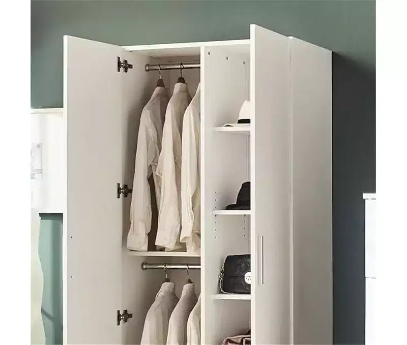Moderner Holzschrank mit Kleiderstangen und fünf Regalböden in Weiß