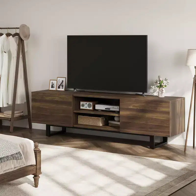Industrieller TV-Ständer für 80 Zoll, Modernes Entertainment-Center mit 2 Schubladen, Medienschrank aus Holz