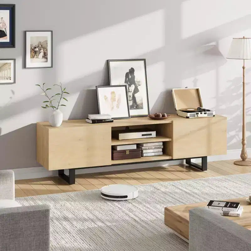Industrieller TV-Ständer für 80 Zoll, Modernes Entertainment-Center mit 2 Schubladen, Medienschrank aus Holz