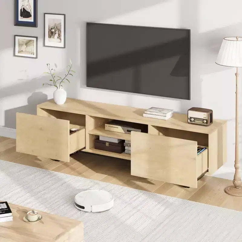 Industrieller TV-Ständer für 80 Zoll, Modernes Entertainment-Center mit 2 Schubladen, Medienschrank aus Holz