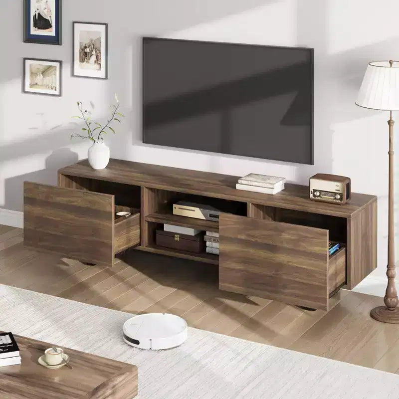 Industrieller TV-Ständer für 80 Zoll, Modernes Entertainment-Center mit 2 Schubladen, Medienschrank aus Holz