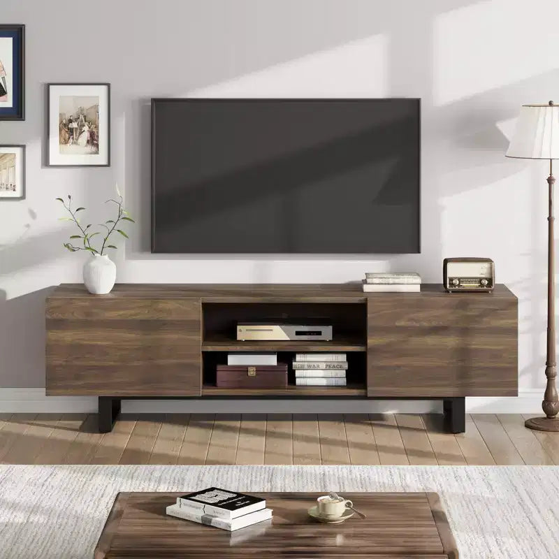 Industrieller TV-Ständer für 80 Zoll, Modernes Entertainment-Center mit 2 Schubladen, Medienschrank aus Holz