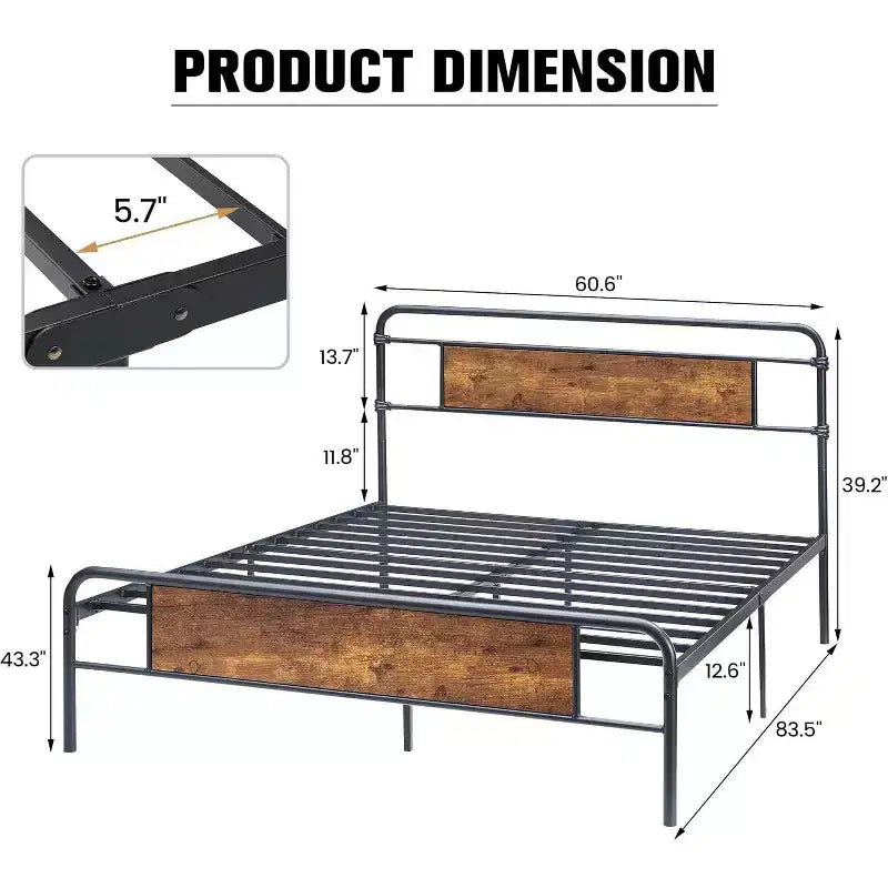 Plattform-Bettgestell Queen Size, rustikales Vintage-Kopfteil aus Holz, stabile Metalllatten, Matratzenauflage, kein Boxspringbett erforderlich