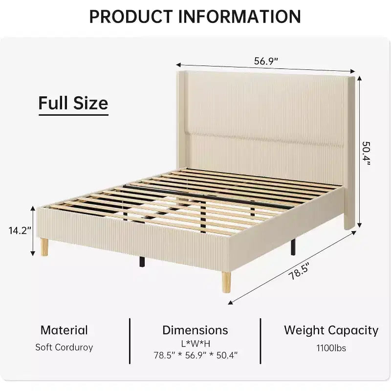 King Size Bettrahmen, Polster-Plattform-Cordbettrahmen mit vertikal gestepptem Flügelkopfteil, stabilen Holzlatten, kein Boxspringbett erforderlich