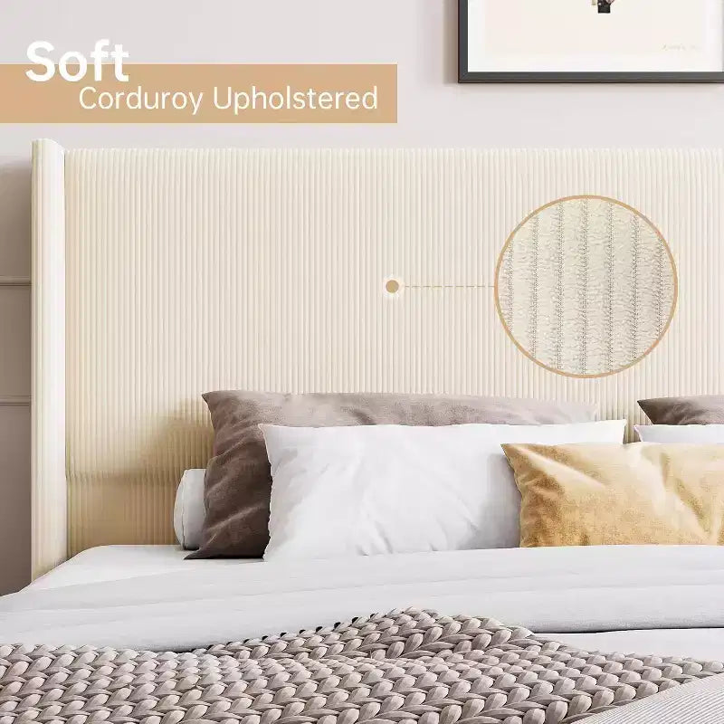 King Size Bettrahmen, Polster-Plattform-Cordbettrahmen mit vertikal gestepptem Flügelkopfteil, stabilen Holzlatten, kein Boxspringbett erforderlich