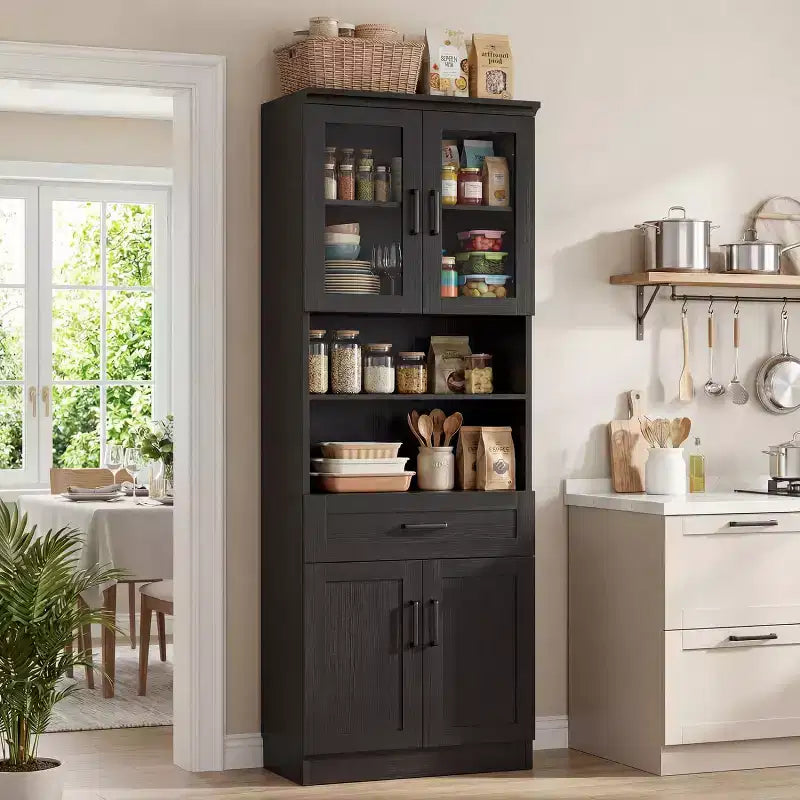80 Zoll hoher Küchenschrank, Vorratsschrank mit Glastür und Holzschublade