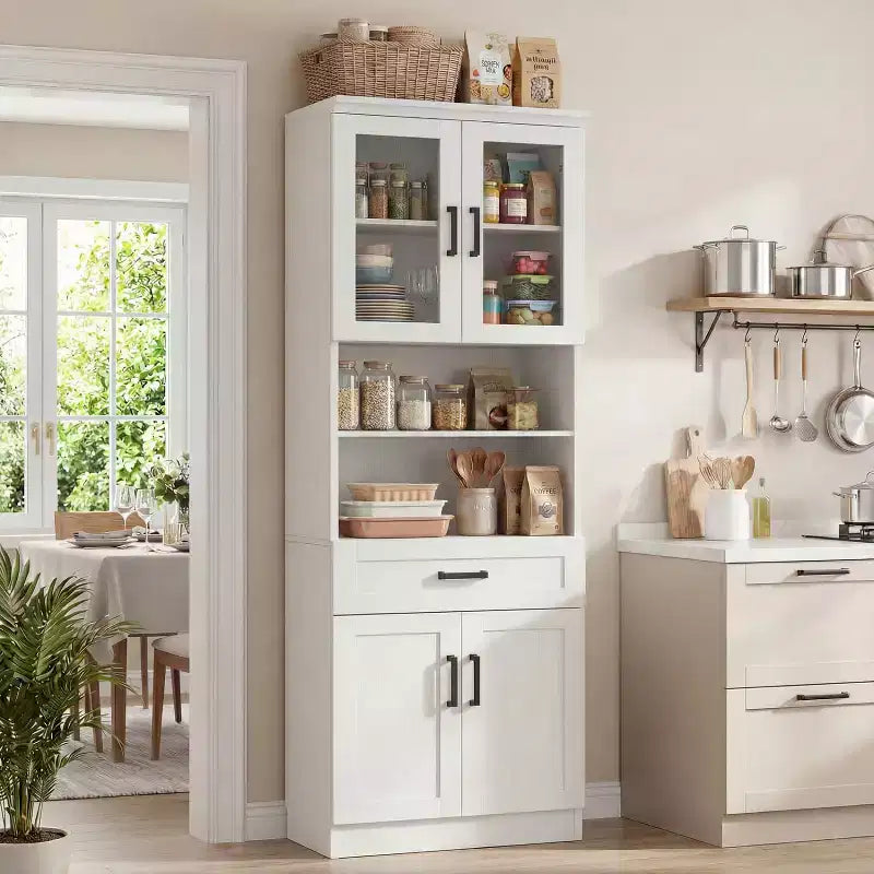 80 Zoll hoher Küchenschrank, Vorratsschrank mit Glastür und Holzschublade