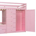 Etagenbett „Full-over-Full“ mit Kleiderschrank und Schubladen, platzsparendes Etagenbett aus Holz in voller Größe mit Rausfallschutz für Apartment, Schlafzimmer