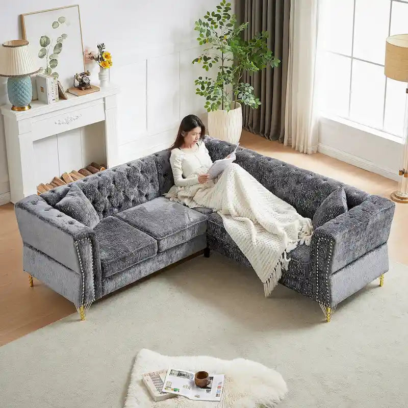 81.5 Chesterfield Chenille L-förmiges Ecksofa mit getufteter Rückenlehne